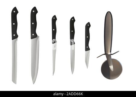 Messer Set mit schwarzem Griff. Cutter Pizza. Andere Art. Vector Illustration. Zubereitung von Speisen. Stock Vektor