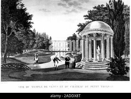 Vue du Temple de Venus et du Chateau du Petit Trianon ein Versailles - Dessin de Courvoisier, 1827. Stockfoto