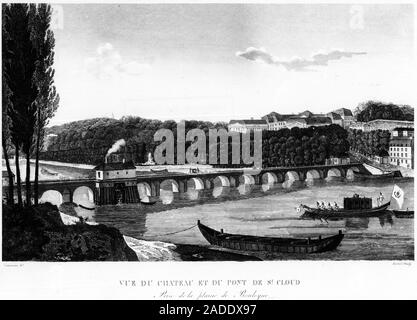 Vue du Chateau et du Pont de Saint-Cloud-dessin de Courvoisier, 1827. Stockfoto