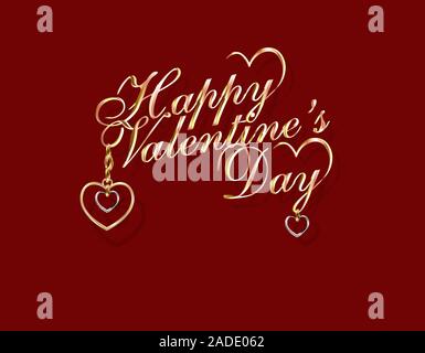 Schriftzug Happy Valentine's Day. Gold Anhänger in der Form von Herzen in Weiß und Gelb Gold. 3D-Darstellung mit Schatten. Stock Vektor