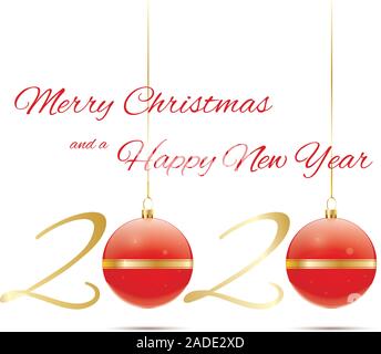 Grußkarte für frohe Weihnachten und einen guten Rutsch ins Neue Jahr 2020 mit roten Christbaumkugeln Vector Illustration Stock Vektor