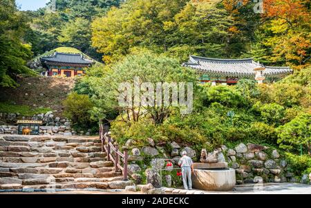 Seokguram Grotte äußere weite Aussicht eine Einsiedelei von Bulguksa Tempel Komplex in Gyeongju Südkorea mit Herbstfarben Stockfoto