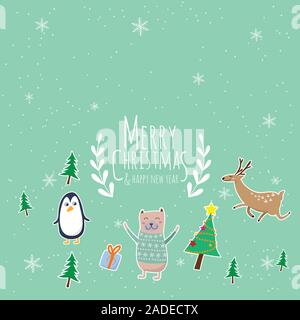 Frohe Weihnachten und ein glückliches Neues Jahr. cute Cartoon von Tieren Charakter, Weihnachtsbaum und Geschenkbox mit Text Frohe Weihnachten Grußkarte auf isolierte Stock Vektor