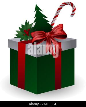 Festliche Zusammensetzung der Geschenkboxen mit Bögen dekoriert, Weihnachtsbaum, Zweige und Süßigkeiten auf weißem Hintergrund Stock Vektor