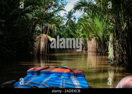 Die erste Person, die auf einem hölzernen Boot durch die Mangroven von Dragon Insel im Mekong Delta (in der Nähe von My Tho). Stockfoto