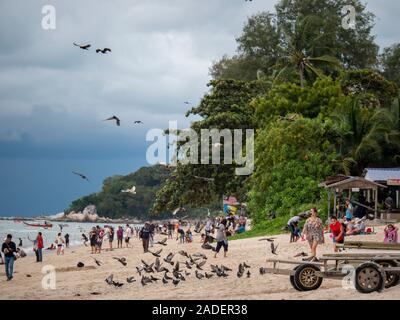 Batu Ferringhi Beach, Malaysia - November 2019: Tauben und Menschen in sandigen Küste Boote und Jetskis bewölkten Tag im asiatischen Inseln Stockfoto