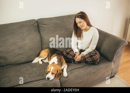 Junge braunhaarige Frau Spaß mit ihren Beagle Rasse Hund auf dem Sofa zu Hause Stockfoto