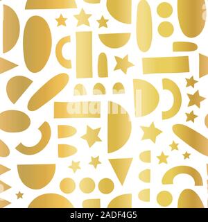 Abstrakte gold Folie Formen auf Weiß nahtlose Vektor Hintergrund. Metallic golden geometrische Hälfte Kreise, Sterne, Punkte, Rechtecke. Moderne abstrakte Stock Vektor