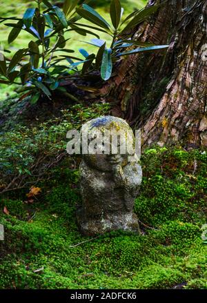 Statuen von lächelnden Jizo Bosatsu mit grünem Moos im Zen Garten in Sanzen-in Tempel, Kyoto, Japan. Stockfoto