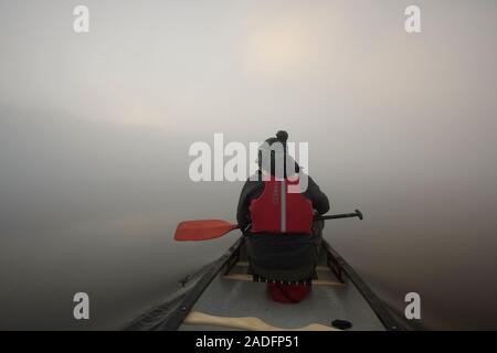 Fotograf Kanu auf dem Loch Beinn a' Mheadhoin mit Gemeine Kiefer (Pinus sylvestris) Wald im Nebel, Glen Affric, Highlands, Schottland. Stockfoto