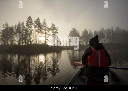 Kanufahren auf dem Loch Beinn a' Mheadhoin mit Gemeine Kiefer (Pinus sylvestris) Wald im Nebel bei Sonnenaufgang, Glen Affric, Highlands, Schottland. Stockfoto