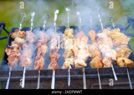Vorbereitung der Shish Kebab in einem brazier bei einem Picknick Stockfoto
