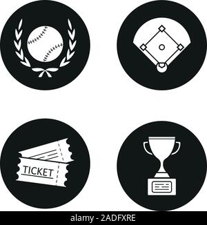 Baseball Meisterschaft Symbole gesetzt. Softball Ball im Lorbeerkranz, Feld, Tickets, Trophy's Cup Sieger. Vektor weisse Silhouetten Abbildungen in Schwarz Stock Vektor