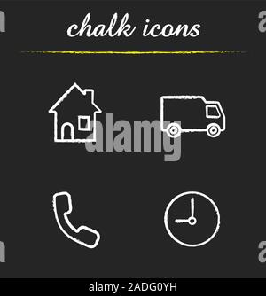 Lieferservice chalk Symbole gesetzt. Haus, jetzt anrufen und Zeit Symbole, Lieferwagen. Isolierte vektor Tafel Abbildungen Stock Vektor
