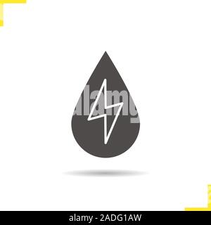 Wasser Energie Symbol. Schatten silhouette Symbol. Wasserkraftwerk. Wassertropfen mit Blitz im Inneren. Negativer Platz. Vektor isoliert Abbildung Stock Vektor