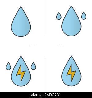 Wasser Energie Farbe Symbole gesetzt. Wassertropfen. Wasserkraftwerk. Isolierte Vektorgrafiken Stock Vektor