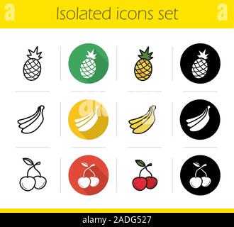 Obst Symbole gesetzt. Flache Bauweise, linear, Schwarz und Farbe. Ananas, Bananen, Kirschen. Isolierte Vektorgrafiken Stock Vektor