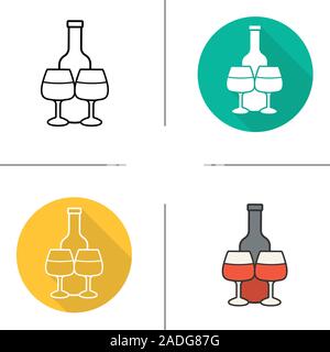 Rotwein Symbol. Flache Bauweise, lineare und Farbe Stile. Flasche Wein und Gläser. Isolierte Vektorgrafiken Stock Vektor