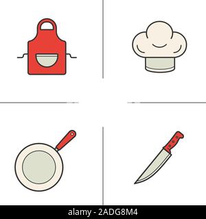 Chef's Ausrüstung Farbe Symbole gesetzt. Kochutensilien. Toque, Schürze, Pfanne, Messer. Isolierte Vektorgrafiken Stock Vektor
