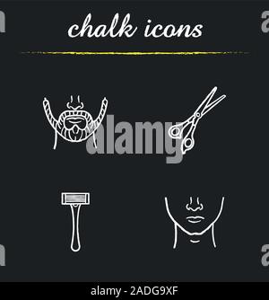 Barbershop chalk Symbole gesetzt. Herren Bart und sauberes Gesicht, Scheren, Rasierer. Isolierte vektor Tafel Abbildungen Stock Vektor