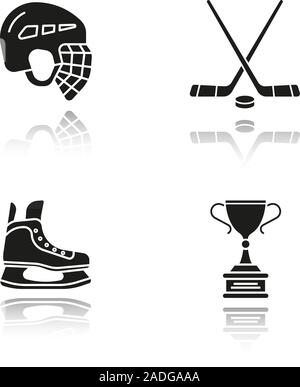 Hockeyausrüstung Schatten schwarze Symbole gesetzt. Helm, Eislaufen, Stöcke, Auszeichnung der Sieger. Isolierte Vektorgrafiken Stock Vektor