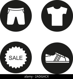 Sport Shop Verkauf Symbole gesetzt. T-Shirt, Shorts, Sneaker, Verkauf Aufkleber. Vektor weisse Silhouetten Abbildungen in schwarzen Kreisen Stock Vektor