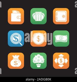 Banken und Finanzen flache Design Icons einstellen. Geldbörse mit Bargeld, Geld Gewinn- Berechnungen, Investor suchen, Dollar stack, Tresorraum. Web Application int Stock Vektor