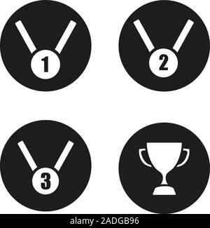 Sport Wettbewerb Prämien Symbole gesetzt. Sieger Cup-, Gold-, Silber- und Bronzemedaillen. Vektor weisse Silhouetten Abbildungen in schwarzen Kreisen Stock Vektor