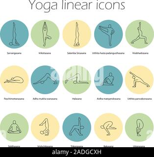 Yogastellungen lineare Symbole gesetzt. Sarvangasana, halasana, bakasana, uttanasana, siddhasana, vrikshasana, trikonasana, virabhadrasana. Thin Line Kontur sym Stock Vektor