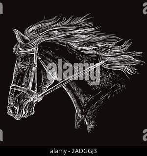 Horse Portrait mit Zaumzeug. Schönes Pferd Kopf mit langer Mähne im Profil in der Farbe Weiß auf schwarzem Hintergrund. Vektor Handzeichnung illustrati Stock Vektor