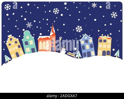 Winter und Seasons Greetings mit niedlichen Dorf. Vector Illustration von Stadthäusern und Kirche auf schneebedeckte Hügel unten kopieren Stock Vektor