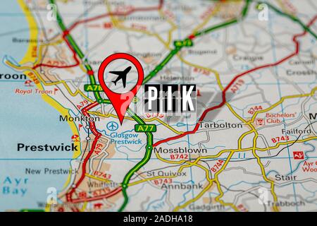 Rote Stift auf Papier Karte mit Position von Glasgow Prestwick Airport Stockfoto