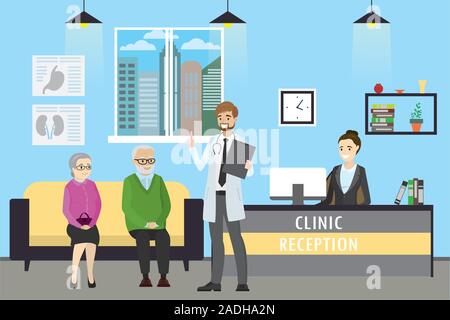 Klinik, Arzt und alten kaukasischen Patienten, african american Empfangsdame, cartoon Vector Illustration Stock Vektor