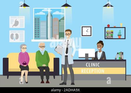 Klinik, Arzt und alten kaukasischen Patienten, african american Empfangsdame, cartoon Vector Illustration Stock Vektor