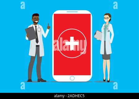 Männliche und weibliche Ärzte, Zeichentrickfiguren und Smartphone mit medizinischen Anwendung, Vektor, Abbildung Stock Vektor