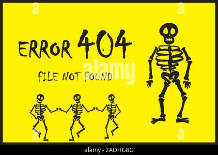 Fehler Seite 404 und beängstigend Skelett, auf gelbem Hintergrund, Börse cartoon Vector Illustration Stock Vektor