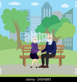 Alte paar Leute sitzen auf einer Bank im Park, cartoon Vector Illustration Stock Vektor