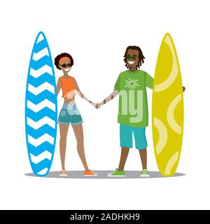 Cool Paar surfer Zeichen mit Surfbrett stehend, auf weißem Hintergrund, Mann und Frau auf surfen Ferienhäuser isoliert, Vektor, Abbildung Stock Vektor
