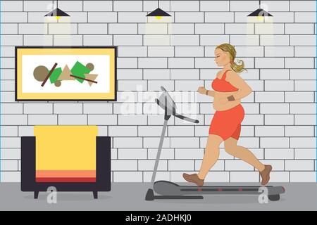 Fat Girl auf einem Laufband, Fitness Club, cartoon Vector Illustration Stock Vektor