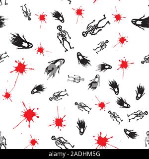 Blut Flecken, Skelette und Geister - nahtlose Muster, Hand gezeichnet Vector Illustration Stock Vektor
