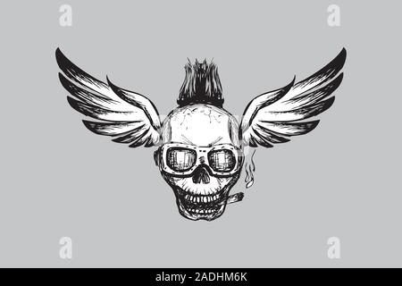 In Bikerbrillen mit Flügeln Schädel, Hand gezeichnete Logo, Tätowierung oder Symbol, Vector Illustration Stock Vektor