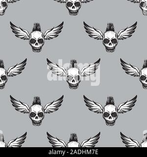 Gruselige Totenkopf mit Flügeln nahtlose Muster, hand Vector Illustration gezeichnet Stock Vektor