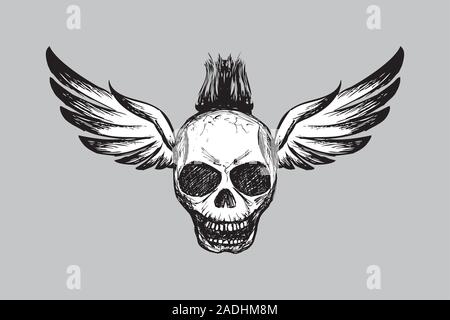 Mit Flügeln Schädel, Hand gezeichnete Logo, Tätowierung oder Symbol, Vector Illustration Stock Vektor