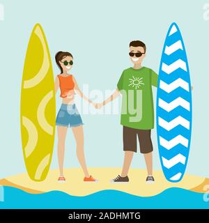 Cool Paar surfer Zeichen mit Surfbrett stehend, kaukasischer Mann und Frau auf Surfen Urlaub, Vektor, Abbildung Stock Vektor