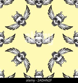 Gruselige Totenkopf mit Flügeln nahtlose Muster, hand Vector Illustration gezeichnet Stock Vektor