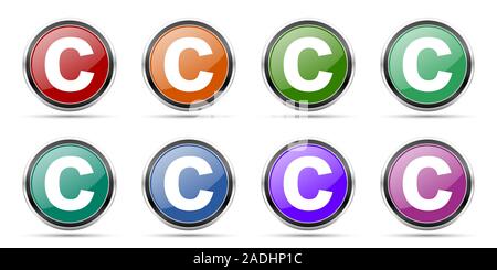 Copyright Symbole, die runde glänzend Web Buttons mit silber-metallic Chrom Grenzen auf weißem Hintergrund in 8 Optionen isolierte Gruppe Stockfoto