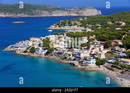 Sant Elm mit Insel Sa Dragonera, San Telmo, Mallorca, Balearen, Spanien Stockfoto