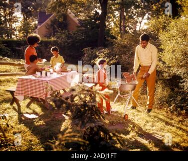 1970 s afrikanische amerikanische Familie mit BBQ-Picknick im Hinterhof Grillen PAPA MAMA EINSTELLUNG TABELLE KIND HILFE-KC5840PHT 001 HARS ALTE ZEIT BESETZT NOSTALGIE BRUDER GRILL OLD FASHION SCHWESTER JUVENILE GRILL KOMMUNIKATION TEAMWORK SÖHNE FAMILIEN FREUDE LIFESTYLE fünf Weibchen Verheiratet 5 BRÜDER EHEPARTNER EHEMÄNNER LEBEN ZU HAUSE KOPIEREN RAUM FREUNDSCHAFT IN VOLLER LÄNGE mit halber Länge DAMEN TÖCHTER PERSONEN AFRO MÄNNER GESCHWISTER SCHWESTERN VÄTER PARTNER GRILLEN GLÜCK afrikanische Amerikaner, AFRICAN-AMERICAN VATIS SCHWARZ ETHNIZITÄT GESCHWISTER STILVOLLE ZUSAMMENARBEIT Wachstum von Jungfischen Mitte - Mitte - erwachsenen Mann Mitte der erwachsenen Frau Mammen Stockfoto