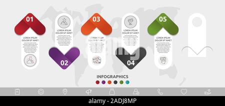 Vektor Infografik Vorlage. Sechs Pfeile mit Symbole und Beschriftungen. Business Konzept für Diagramme, Flussdiagramm, Grafik, Marketing, Präsentation, Schritt für Schritt Stock Vektor