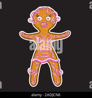 Weihnachten Lebkuchen Frau isoliert auf schwarzem Hintergrund. Aufkleber design Element. Vektorbild Stock Vektor